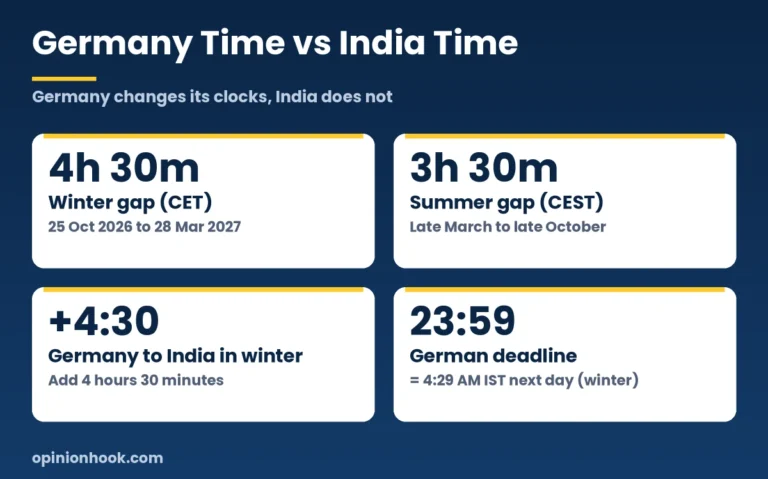 Germany time vs India time: 4h30 gap in winter and 3h30 in summer