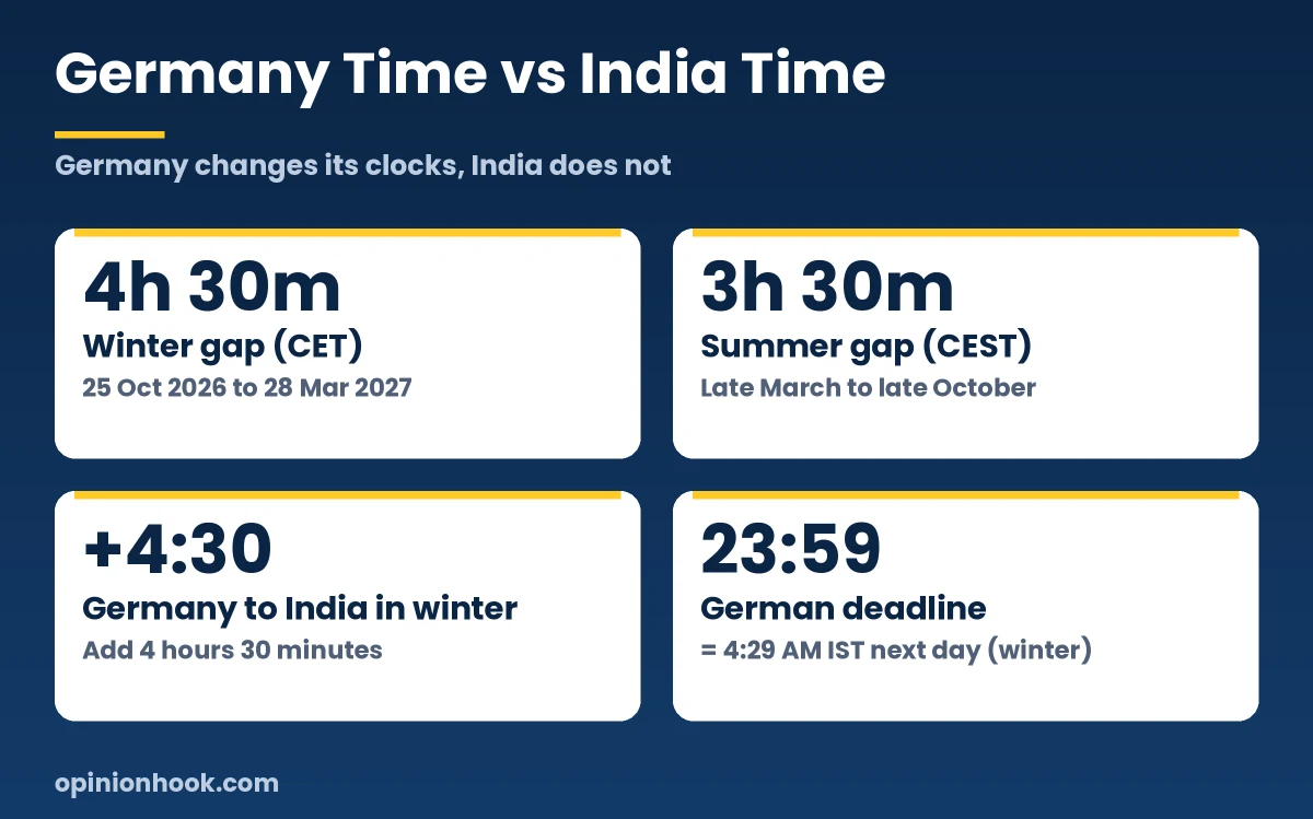 Germany time vs India time: 4h30 gap in winter and 3h30 in summer