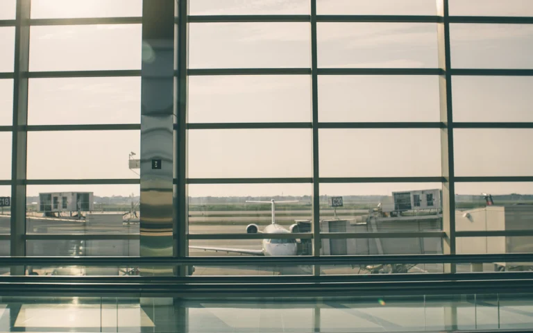 Sunlit airport terminal window