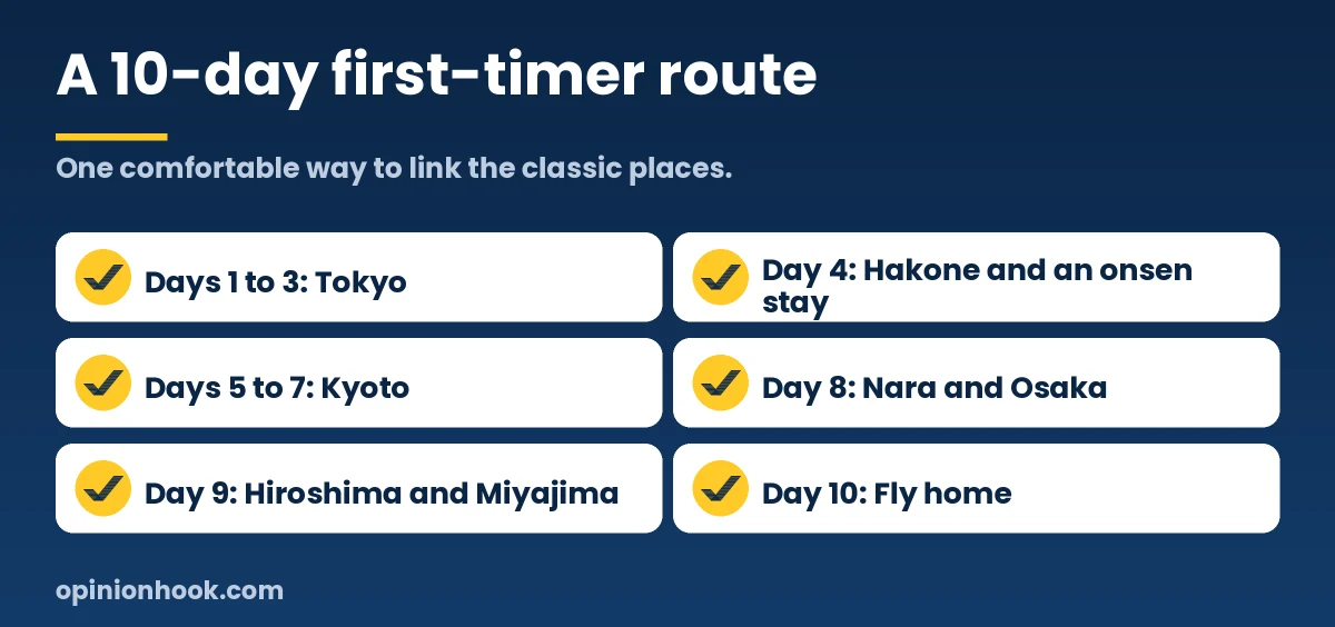 Checklist of a 10 day first timer route in Japan from Tokyo to Hakone, Kyoto, Nara, Osaka and Hiroshima