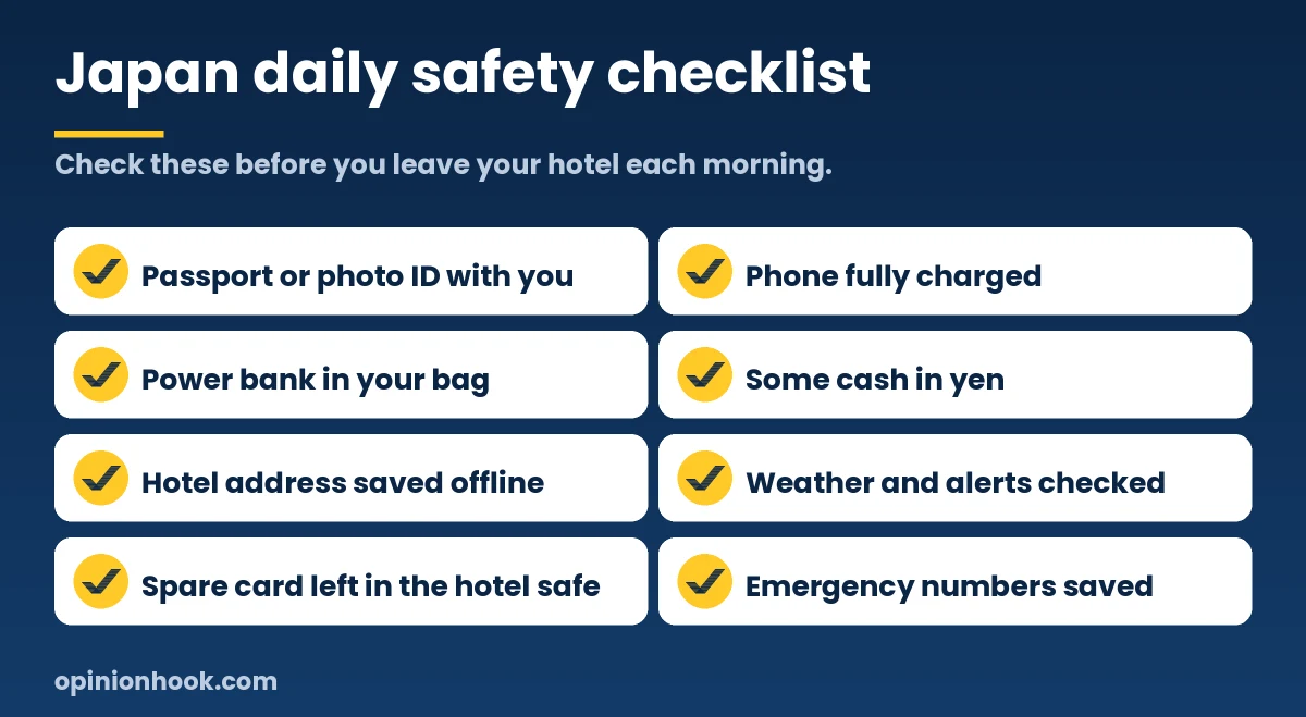 Checklist of eight daily safety items for tourists in Japan