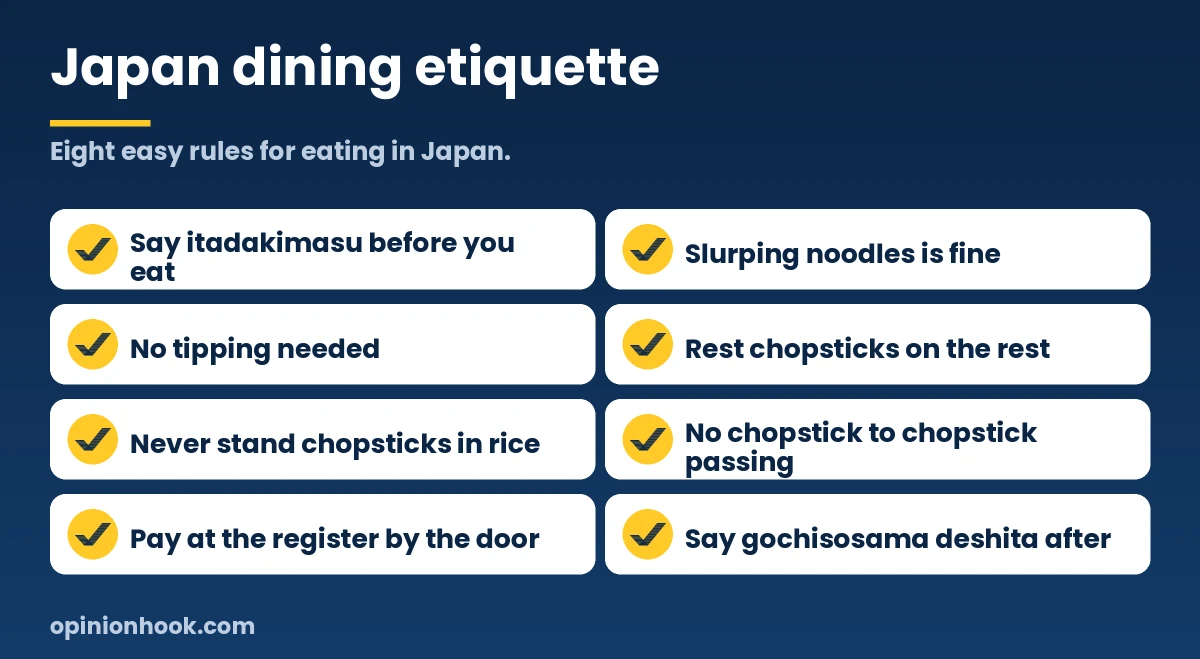Eight dining etiquette rules for Japan including no tipping and chopstick manners