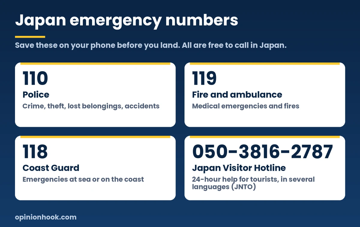 Cheat sheet of emergency numbers in Japan: 110 police, 119 fire and ambulance, 118 Coast Guard and the Japan Visitor Hotline