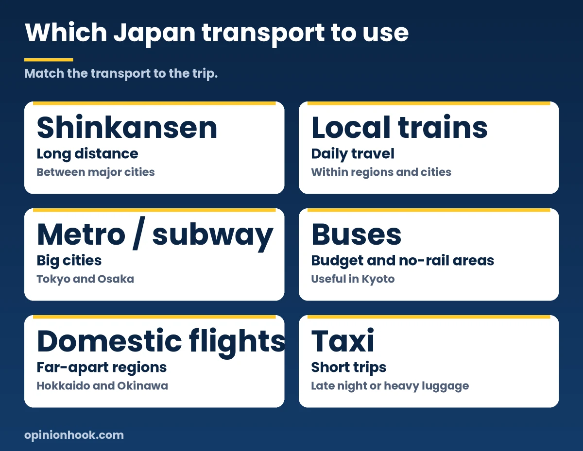 Cheat sheet of Japan transport options: Shinkansen, local trains, metro, buses, domestic flights and taxis