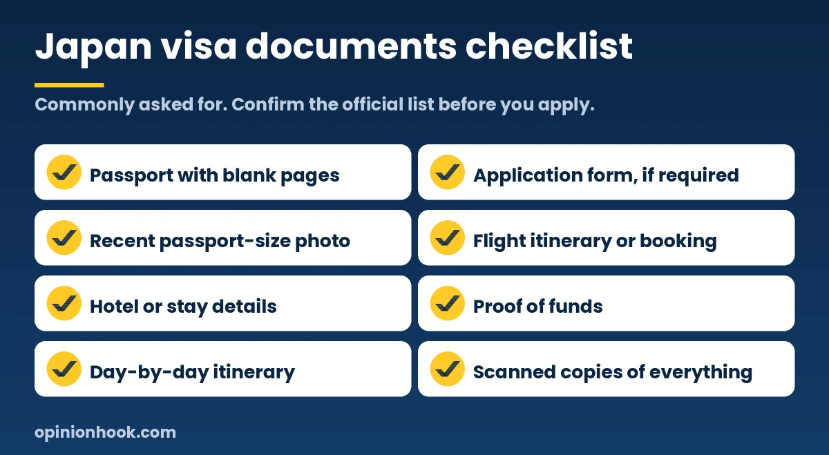 Checklist of commonly requested documents for a Japan tourist visa
