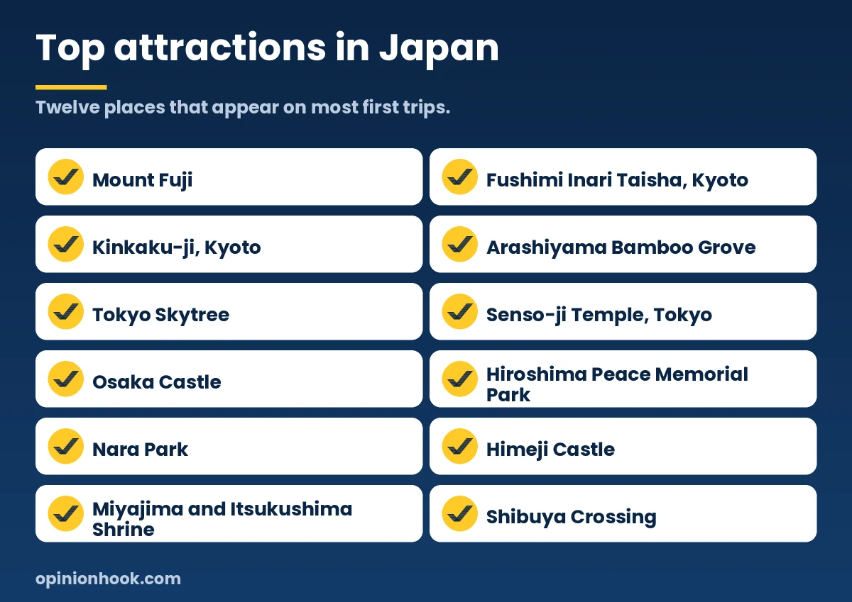 List of twelve top attractions in Japan including Mount Fuji, Fushimi Inari, Himeji Castle and Shibuya Crossing
